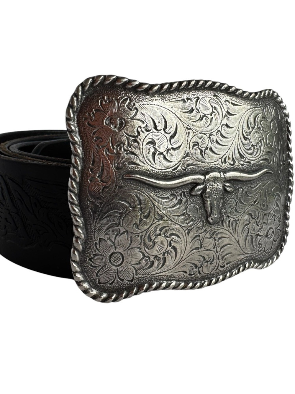 Nocona Longhorn Buckle + Tooled Leather Belt Mens 42 Black Silver Tone Cowboy
